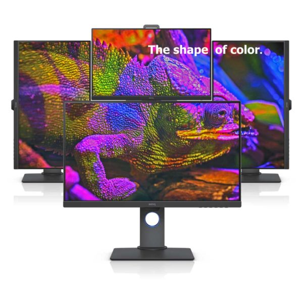 Quattro monitor mostrano l'immagine variopinta di un camaleonte.