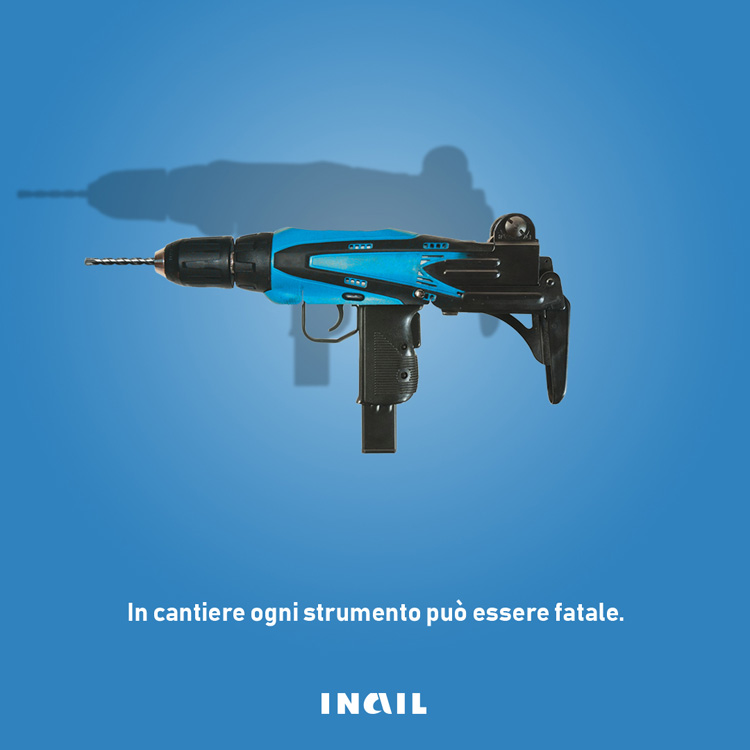 Premio Marco Fabio Sartori, campagna di comunicazione per Inail: la metamorfosi di un trapano in un mitra.